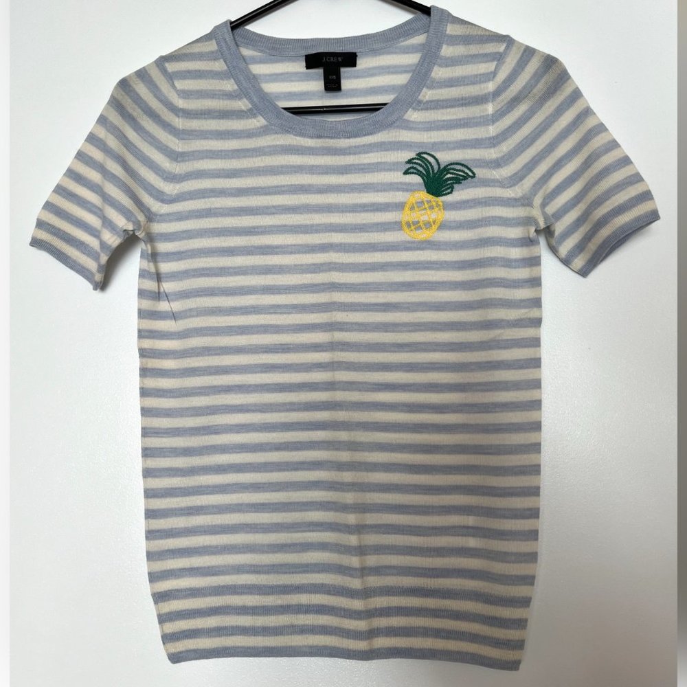 J Crew Short Sleeve Merino Wool Sweater Strip Pineapple XXS Women